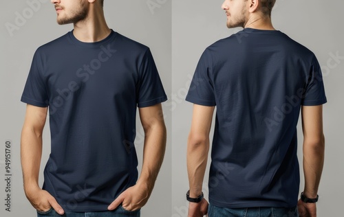 Deep navy blue men s T shirt with front back and side views