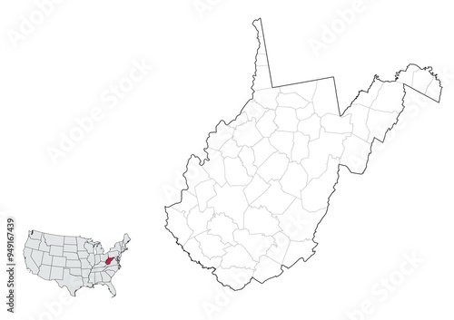 Counties Map of West Virginia State, USA