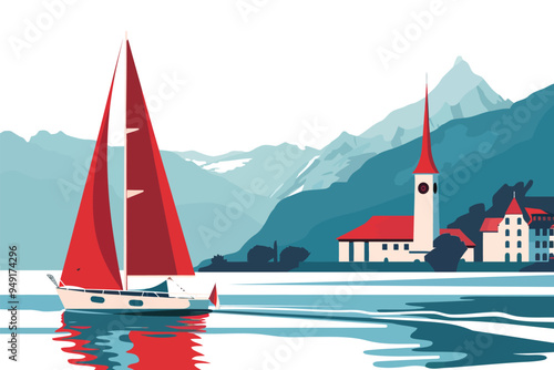 Sailing on Lake Geneva with the Swiss Alps