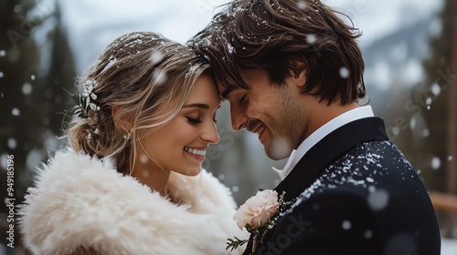 A romantic winter wedding scene featuring a couple enjoying a tender moment amidst falling snowflakes.