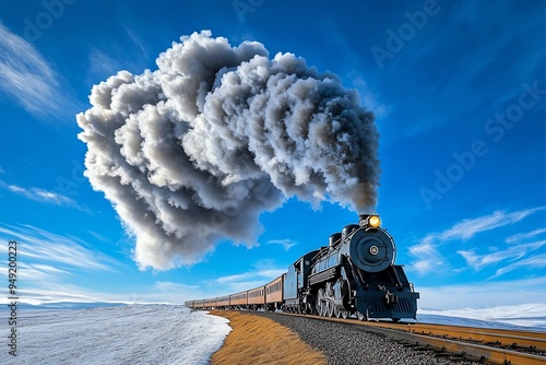 Steam train with billowing smoke, captured in a photo where the dark smoke contrasts sharply with a bright blue sky, adding drama and intensity to the image