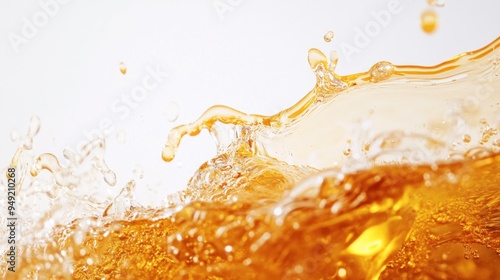 This image shows a dynamic splash of a golden liquid, possibly juice or a carbonated beverage, with droplets suspended against a light background.