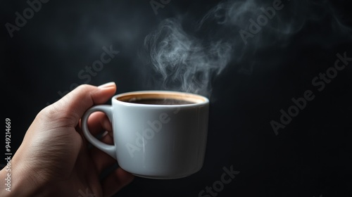 A person's hand holding a white cup with steaming coffee against a dark background, evoking a cozy, warm atmosphere likely in a relaxed setting.