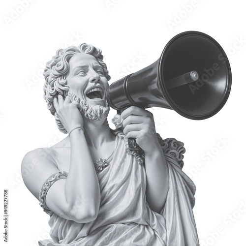 Antique bust of man with megaphone on transparent background. Action, advertising