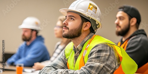 Construction workers in safety gear attending a training session in a classroom setting, focusing on safety protocols and job skills