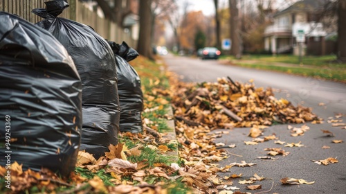 A close-up of garbage bags filled with yard waste, including leaves and branches, stacked on the curb