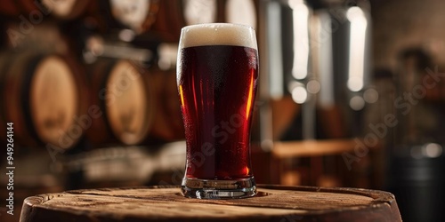 Craft Brewed Red Ale in a Tall Glass on a Wooden Surface at a Brewery