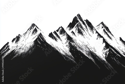 Stylized black and white illustration of majestic mountains showcasing rugged peaks and snow-capped summits.