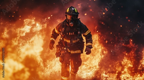 Brave firefighter in full gear walking through intense flames, showcasing heroism and courage in dangerous situations.