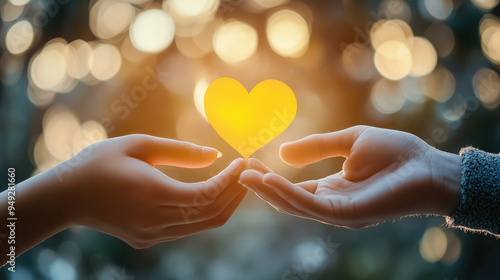 hands of two people holding yellow heart on blurred nature background, world suicide prevention day, september 10, setembro amarelo, love, symbol, social awareness, romance, support, care, palm, human