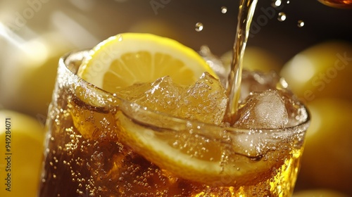 Close-up of a refreshing iced soda with lemon slice on top, pouring into glass, perfect for summer and beverage themed projects.