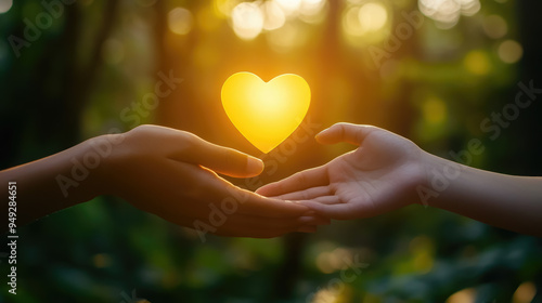 hands of two people holding yellow heart on blurred nature background, world suicide prevention day, september 10, setembro amarelo, love, symbol, social awareness, romance, support, care, palm, human