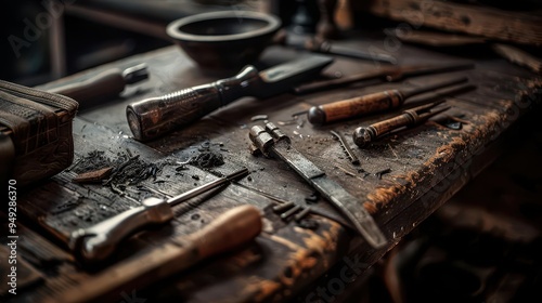 Traditional bookbinding tools on an old wooden workbench, vintage setting, Retro, Sepia, Photograph, Historical craftsmanship