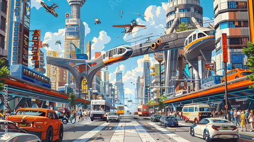 Dynamic Urban Transportation Scene Featuring Cars, Bicycles, Buses, Monorail, and Airplane in a Busy City