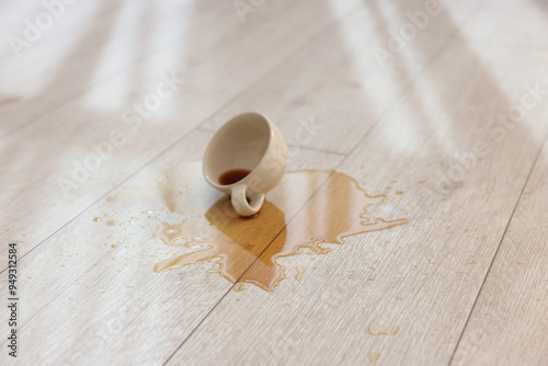 Cup with spilled drink on wooden floor