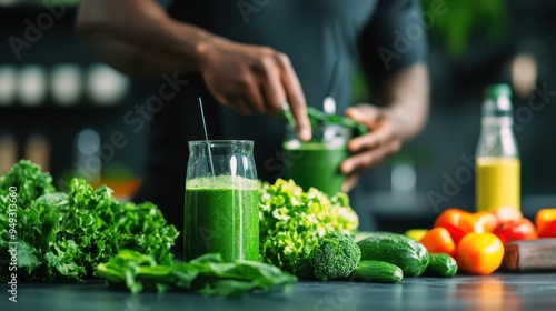 A man is making a green smoothie with spinach, broccoli, and cucumbers. The smoothie is in a glass and the man is using a straw to drink it. The image conveys a healthy and active lifestyle