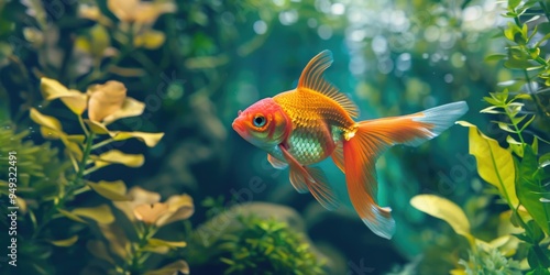 A close-up view of a goldfish swimming in its aquatic home surrounded by lush green plants