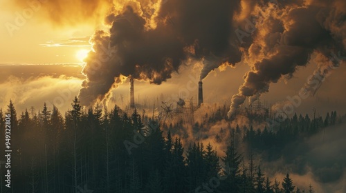 Factory smokestacks releasing dark smoke as flames consume the woodland.