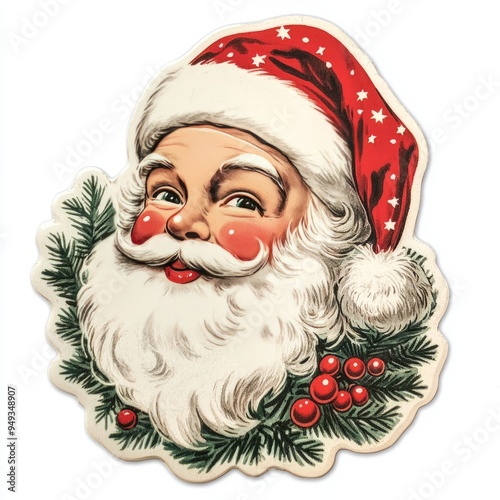 Charming Vintage Santa Sticker in 1950s Style on White Background