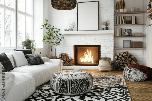 Modern Living Room with Fireplace and White Sofa