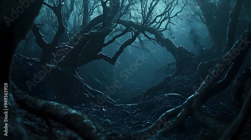 A dark mysterious forest with twisted trees and hidden creatures