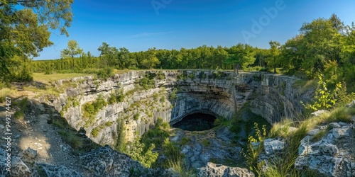 Scenic limestone sinkhole in a forest under a clear blue sky