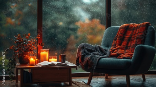 Cozy Autumn Reading Nook with Candles and Warm Blanket by a Rainy Window