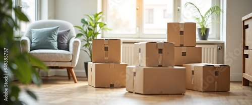 Moving Boxes Stacked in Bright Living Room with Armchair and Plants