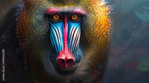 Close-up portrait of a mandrill with vibrant colors.