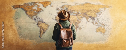 A traveler gazes at a vintage world map, embodying wanderlust and adventure in a cozy atmosphere.