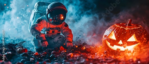 Ghostly Astronaut Celebrates Halloween Festivities on Rugged Martian Surface with Glowing Pumpkin and Billowing Smoke in Eerie Otherworldly Landscape