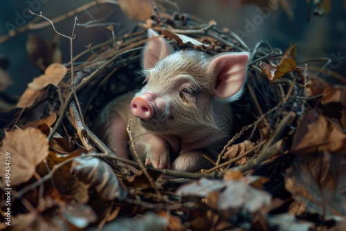 Pig in leaf nest