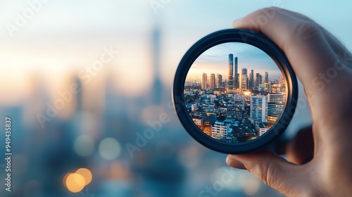 A hand holding a camera lens, displaying a sharp and detailed urban cityscape, with the citys essence captured within the lens, emphasizing perspective and focus