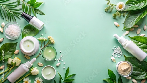 A collection of skin care products on a green surface surrounded by leaves and flowers, with additional items on a light blue background