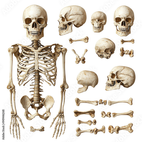 Collection of human skeleton bones and skull illustrations. Medical anatomy elements for educational and decorative use.