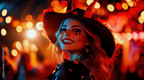 A charming young woman in a devil costume, with red horns and a wicked smile, standing out at the Halloween party