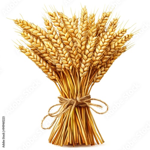 A bundle of golden wheat tied with a rustic rope, symbolizing harvest and agriculture, perfect for use in presentations, advertisements, or articles about farming, food production, and rural life,