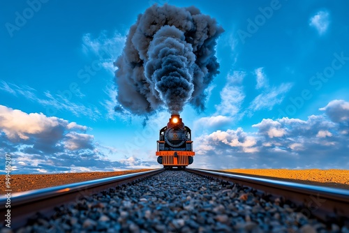 Steam train with billowing smoke, captured in a photo where the dark smoke contrasts sharply with a bright blue sky, adding drama and intensity to the image