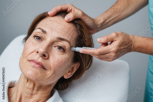 Dermatologist removing grid paper from mature woman's forehead for thermite therapy to soften wrinkles.