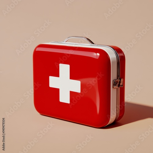 A vibrant red first aid kit with a white plus symbol on the lid positioned against a neutral background to emphasize its clarity and purpose