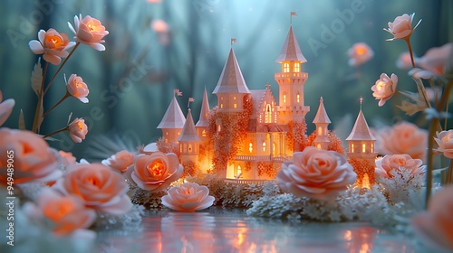 A magical papercraft castle surrounded by pastel pink and peach roses, with ivy-covered walls and towers, set in a tranquil garden bathed in soft, glowing light,