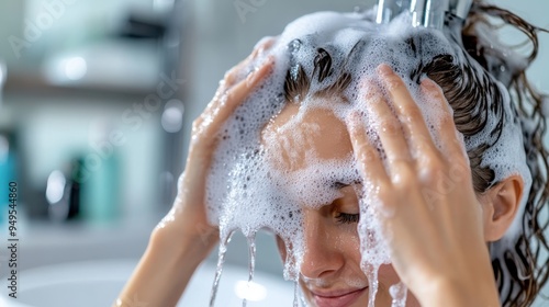 Person vigorously shampooing their hair with a lot of foam and water in a bright bathroom showcasing a daily personal hygiene routine.