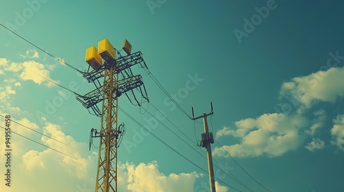 High voltage power transmission towers being raised and installed using IoT controlled heavy machinery in a rural countryside landscape with copy space