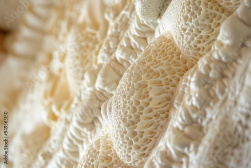 Detailed view of a curtain adorned with delicate white lace, showcasing intricate patterns and textures, Soy-based spray foam insulation for airtight seal