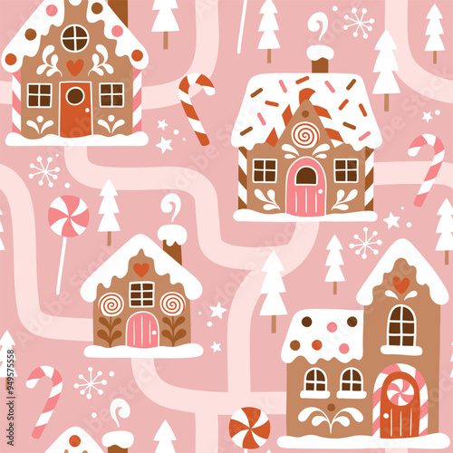 Seamless vector pattern with hand drawn gingerbread houses and Christmas trees. Snowy landscape with winter village. Perfect for textile, wallpaper or print design.