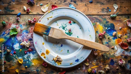 a photo image of a worn, wooden paint stirrer resting on a chipped, white porcelain plate, amidst a scatter of dried paint colors