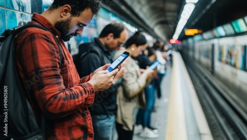 photo of group of young people looking at their phones, waiting for the subway and reading messages from social media 