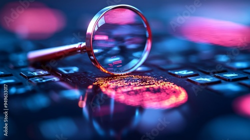 A close-up view of a magnifying glass examining a fingerprint on a keyboard, showing details of forensic investigation.