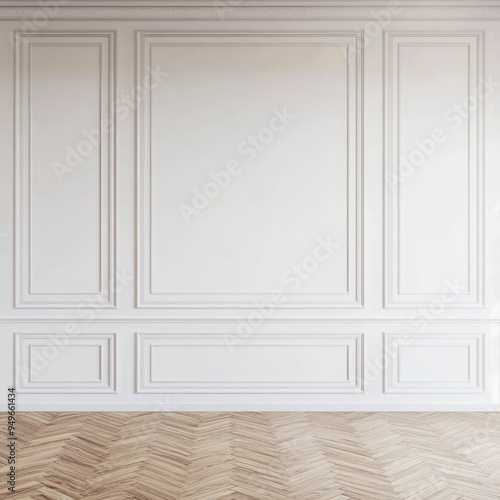 Elegant empty room with classic white wall paneling, sophisticated molding, wooden parquet floor, minimalistic interior concept