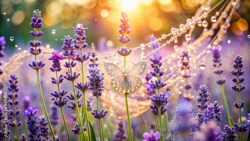 vibrant lavender blooms cascading petals whimsical garden setting soft golden light ethereal romanticism delicate pastel hues intricate flower patterns morning dew droplets bohemian elegance